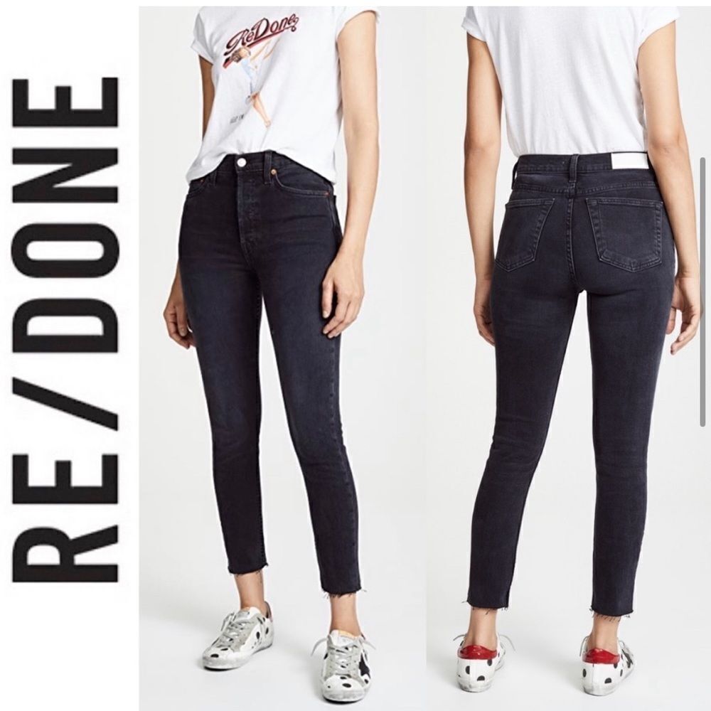 Re/Done Originals High Rise Ankle Faded Black Jeans Raw Hem Button Fly- Size 25